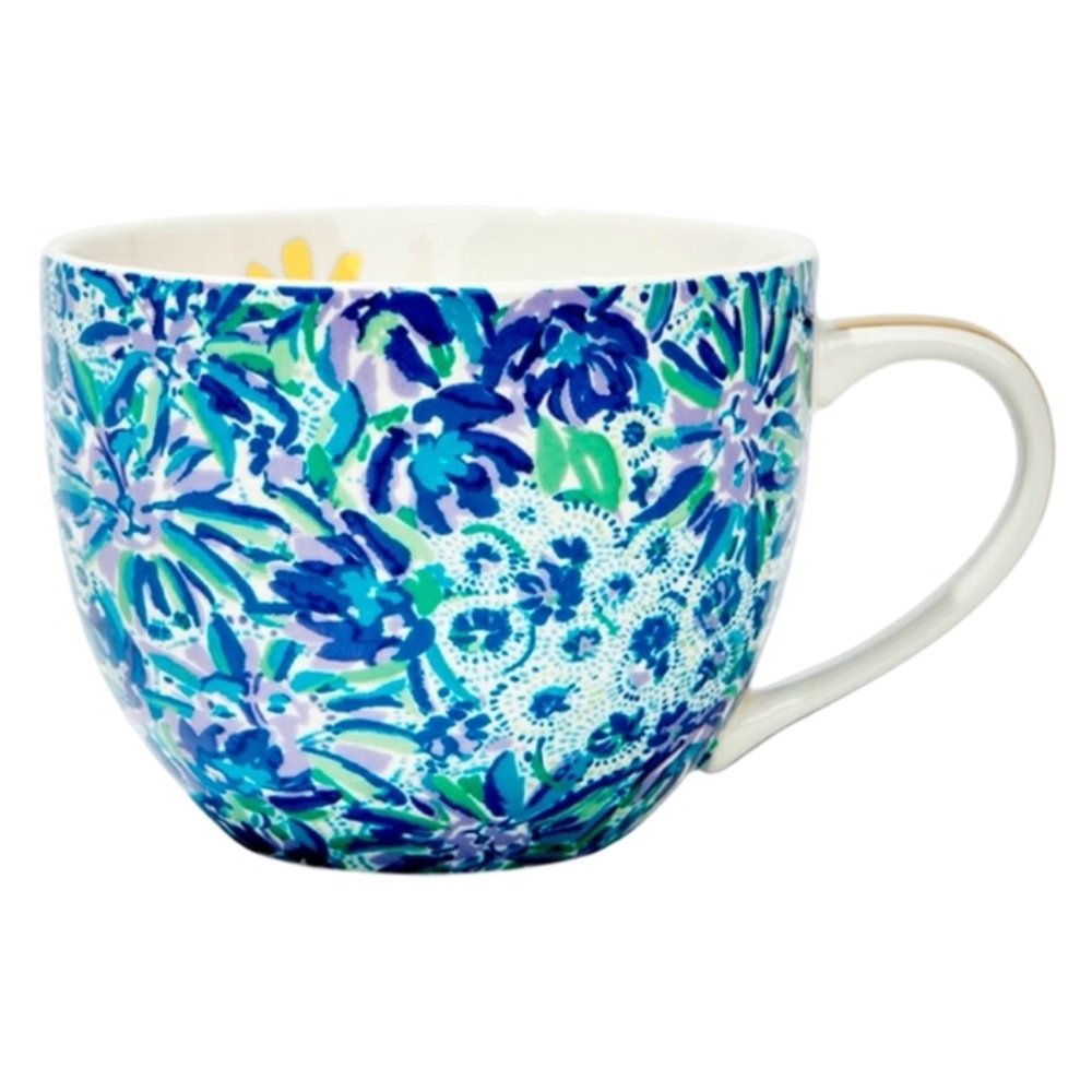 Set of 2 Lilly Pulitzer Mug Cup 12 Oz Floral Blue Gold Handle Hidden Lion - Picture 6 of 11
